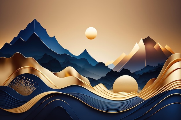Paisaje abstracto de montañas en tonos azules con elementos dorados Hermoso estampado para tu decoración y diseño Generativo ai