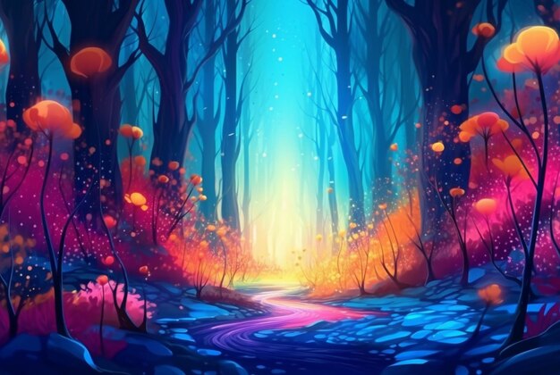 Foto paisaje abstracto paisaje de fantasía de arte colorido con un bosque y ai generativo de luz brillante