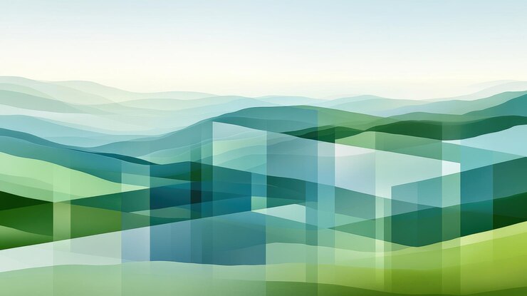 Paisaje abstracto tranquilo de cuadrados translúcidos superpuestos en tonos verdes y azules que evocan