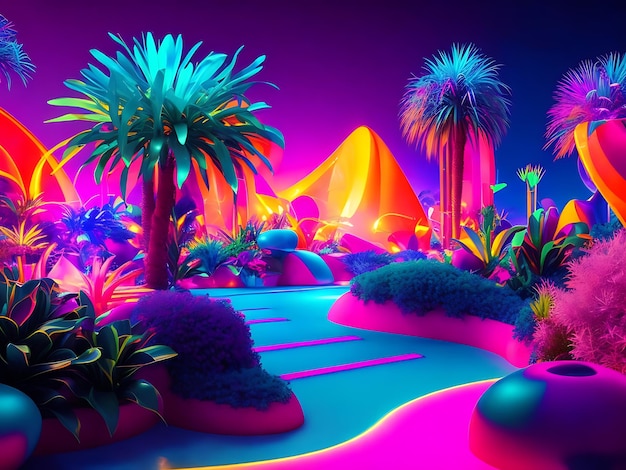 Foto paisaje abstracto vibrante de neón en 3d con colores neón llamativos y formas geométricas brillantes