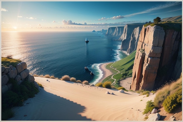 Un paisaje con un acantilado y un faro en el horizonte