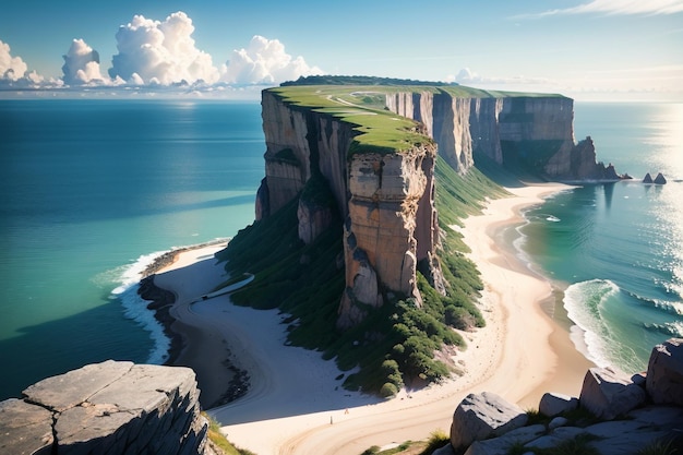 Un paisaje de un acantilado con una playa y el océano al fondo.