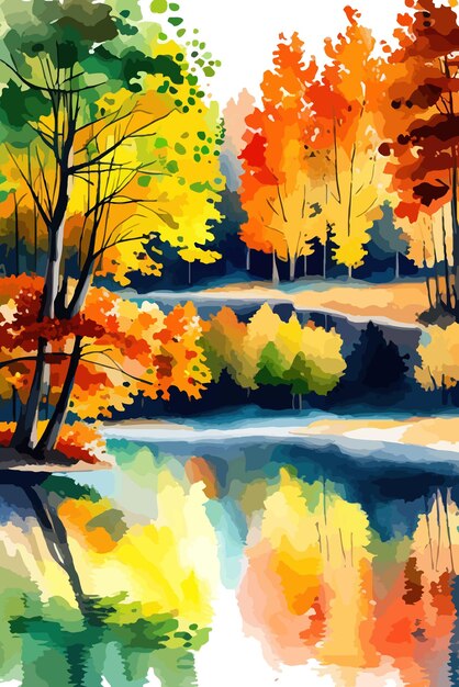 Paisaje de acuarela Bosque de otoño en la orilla del lago Ilustración vectorial Árboles de otoño a la orilla de un bosque tranquilo Lago o estanque en un día soleado de otoño