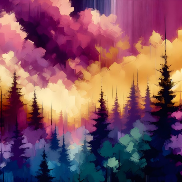 Paisaje de acuarela en colores púrpura y amarillo