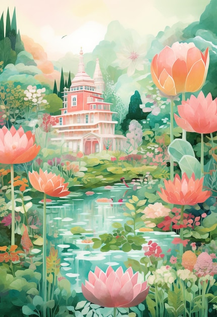 Paisaje de acuarela de fantasía con jardín de flores Hermosa ilustración floral de acuarela con colores saturados brillantes Generado por IA