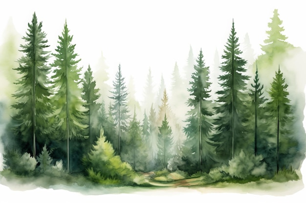 Paisaje de acuarela con pinos en la niebla ilustración pintada a mano