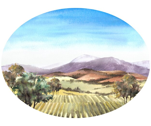 Paisaje de acuarela con viñedos arbustos árboles y cielo azul Ilustración de dibujo a mano de la etiqueta