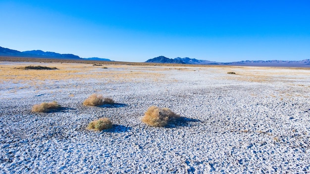 Paisaje aéreo de arena blanca por Death Valley con montañas y arbustos