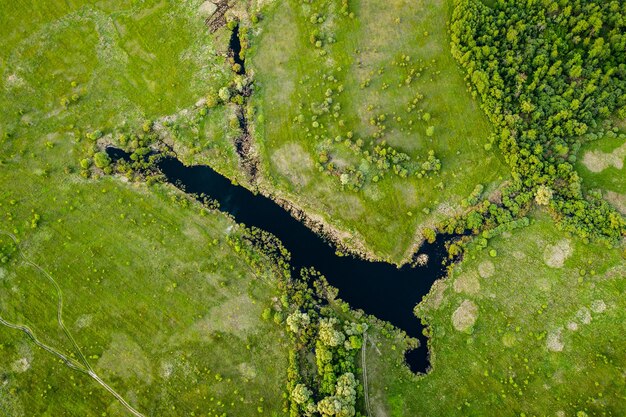 Paisaje aéreo del lago azul en la vista superior del campo verde del hermoso fondo natural del paisaje de verano estacional de drones con espacio de copia