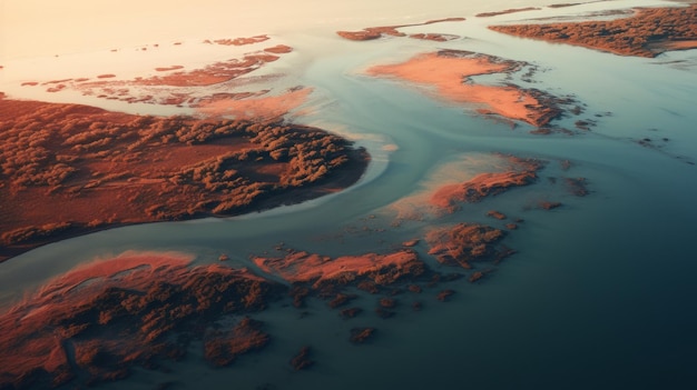 Foto paisaje aéreo del río tonos naranja oscuro y cian claro