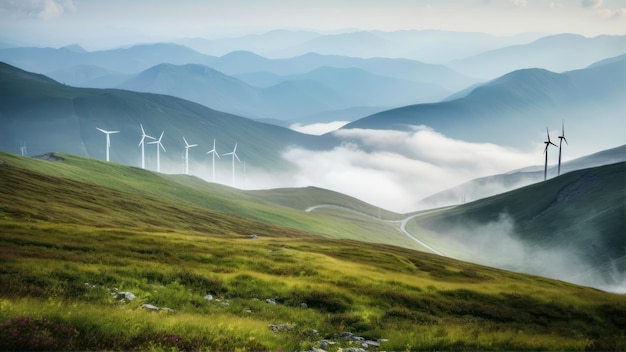 Un paisaje con aerogeneradores a lo lejos.