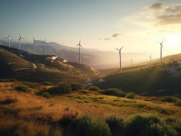 Un paisaje con aerogeneradores en primer plano y el sol brillando en el horizonte.