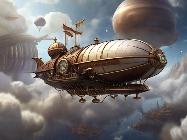 Paisaje con aeronave en el cielo con nubes estilo steampunk