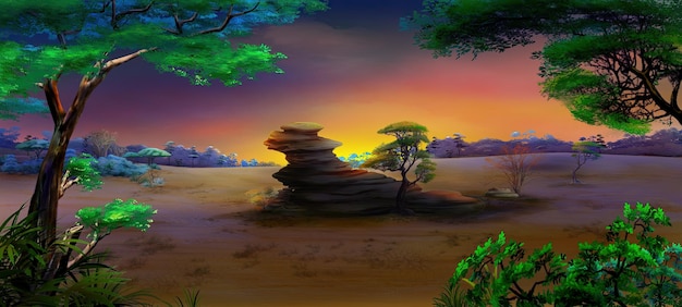 Paisaje africano al atardecer ilustración