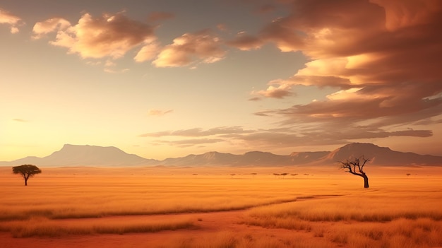 Foto paisaje africano cinematográfico pastizales del sahara salida del sol sobre las llanuras del desierto vistas de safari