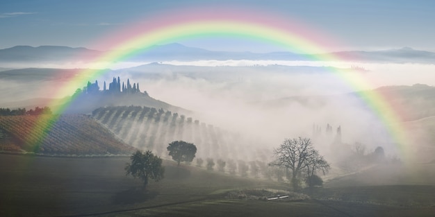 Paisaje agrícola con arco iris y jardín en niebla