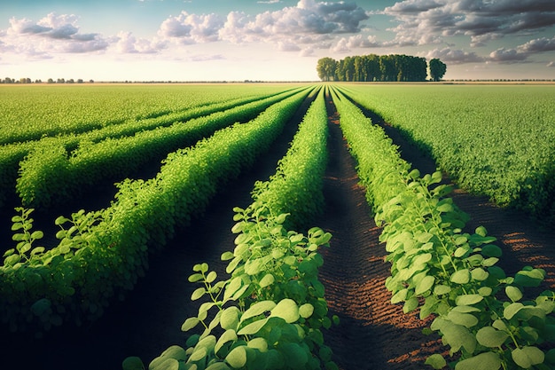 Paisaje agrícola de campo de soja de maduración verde