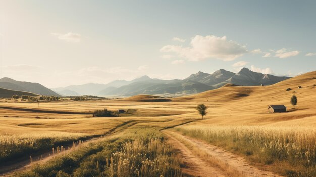 Paisaje agrícola sereno con montañas en un paisaje de colores apagados