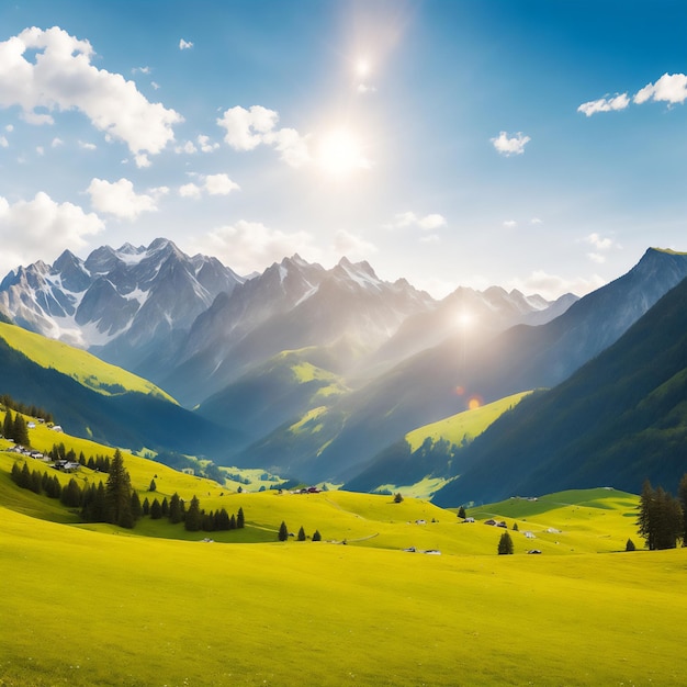 Un paisaje al aire libre con un fondo de montañas majestuosas