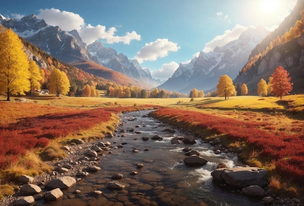 Paisaje al aire libre de otoño con río y montañas.