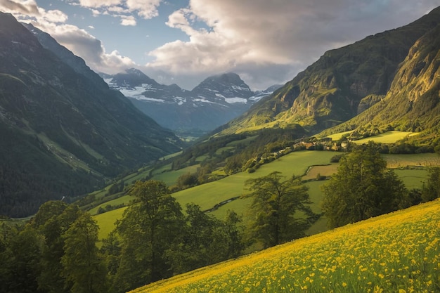 Foto paisaje al aire libre paisaje de la naturaleza montañas lejanas laderas cercanas hierba verde flores amarillas