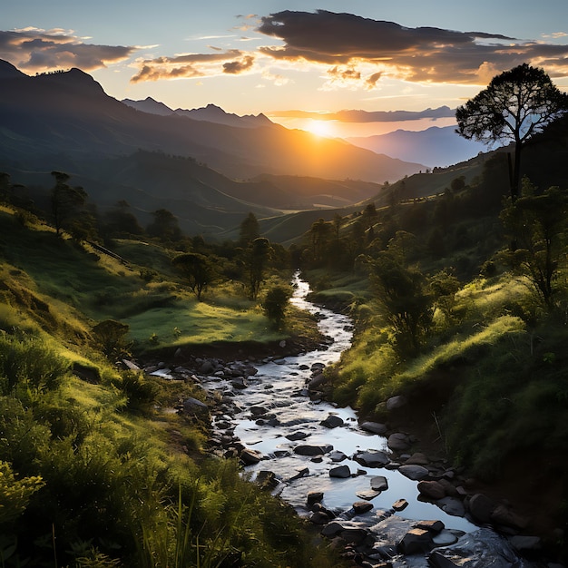 Paisaje al atardecer en el bosque de montaña Foto documental del atardecer de las montañas colombianas