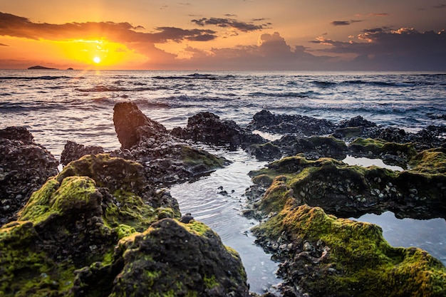 Paisaje al atardecer en las rocas de la playa en primer plano