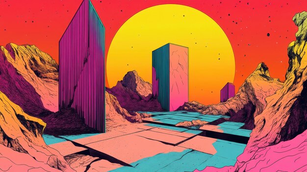Paisaje alienígena abstracto con estructuras geométricas