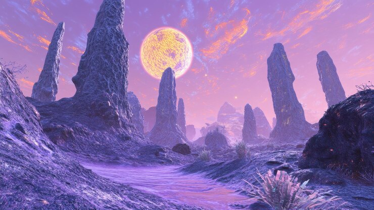 Paisaje alienígena con altas formaciones rocosas y un gran planeta