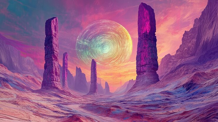 Paisaje alienígena con altos pilares de piedra y un planeta en espiral