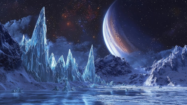 Paisaje alienígena helado con picos congelados agudos bajo un cielo estrellado y un planeta brillante Medio ambiente Scifi terreno extraterrestre frío extremo mundo misterioso exploración futurista IA generativa