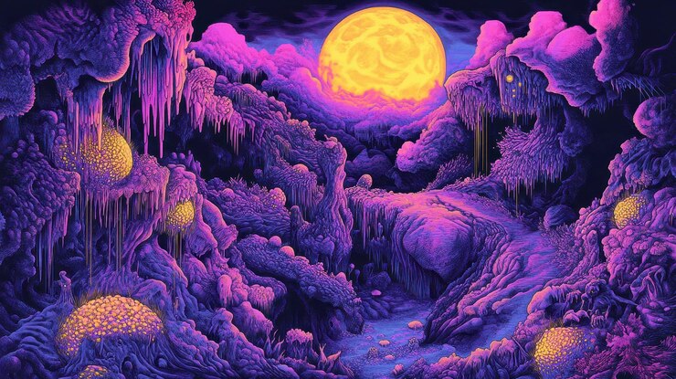 Paisaje alienígena bajo una luna amarilla gigante
