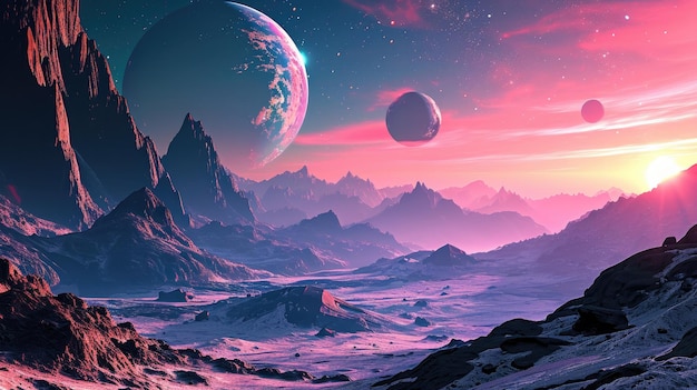 Paisaje alienígena con montañas y planetas en segundo plano.