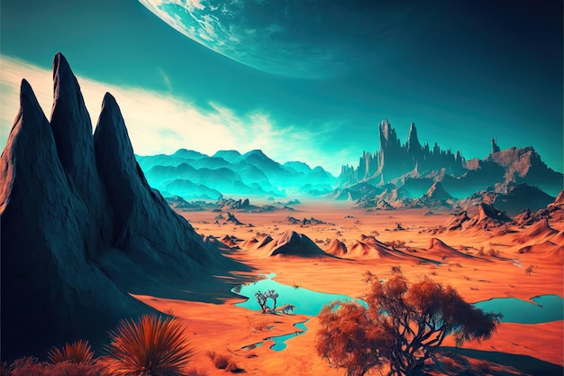 Paisaje alienígena con otro panorama de la superficie del planeta creado con ai generativo
