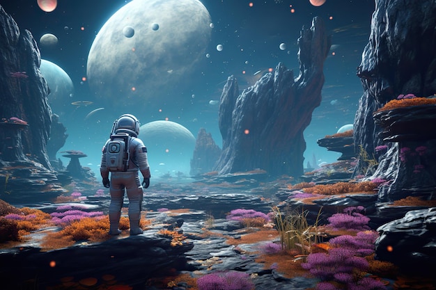 Un paisaje alienígena con rocas flotantes y plantas con un solo astronauta explorando la escena