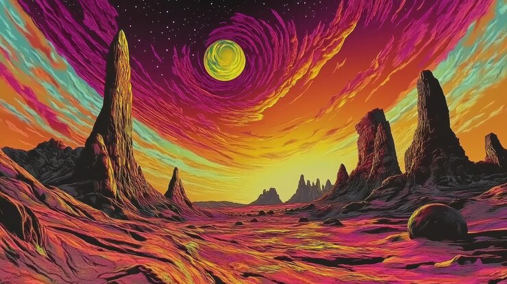 Un paisaje alienígena vibrante con cielo giratorio y monolitos