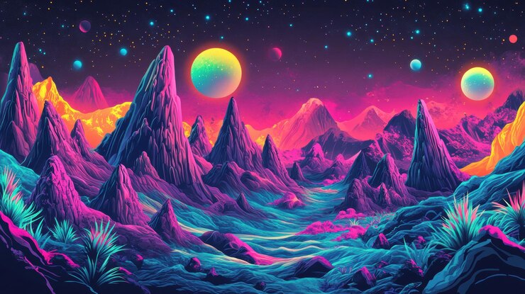 Un paisaje alienígena vibrante con impresionantes montañas y planetas