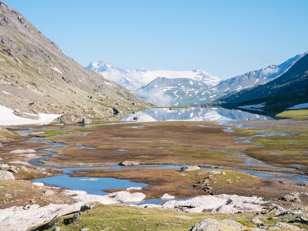 Paisaje alpino de gran altitud con majestuosas cumbres rocosas.