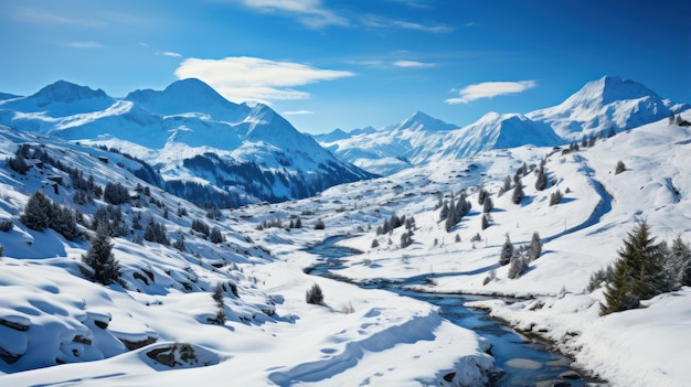 Paisaje alpino invernal con nieve y cielo azul claro Suiza