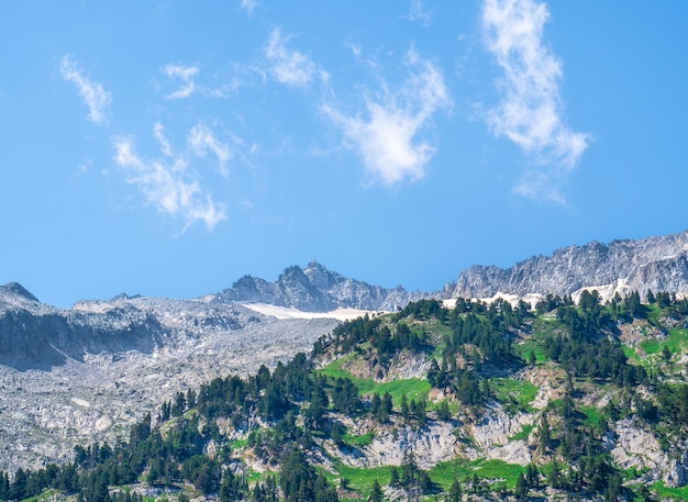 Paisaje alpino de los Pirineos con una montaña en primer plano con árboles y vegetación verde otra alta montaña a lo lejos con nieve y un cielo con tres nubes