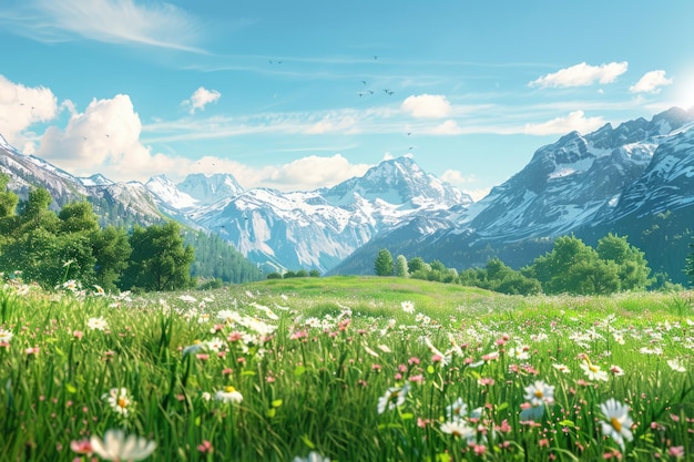 Paisaje alpino con prados, flores y montañas cubiertas de nieve