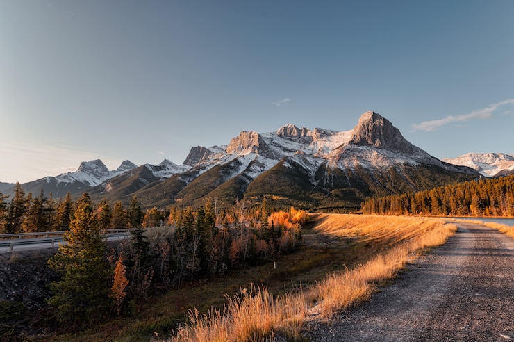 Foto paisaje del amanecer en el monte rundle, ha-ling, lady macdonals con el cielo azul en el bosque de otoño en el depósito de rundle forebay, canmore, canadá