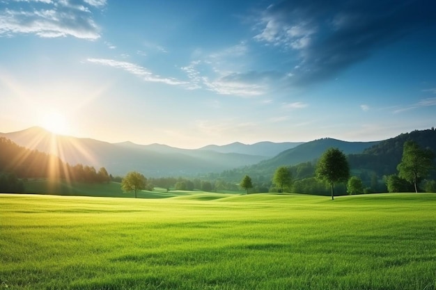 Paisaje del amanecer con prado verde vacío