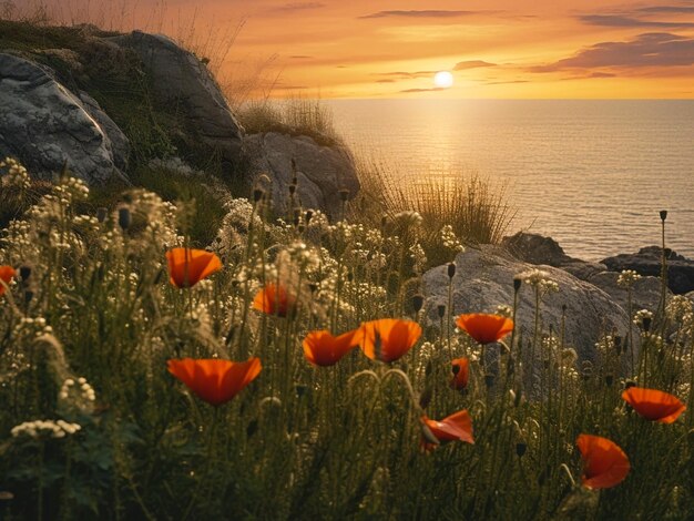 Paisaje con amanecer sobre el mar y campo de amapolas IA generativa