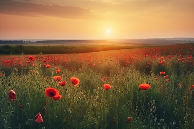 Paisaje con amapolas al atardecer