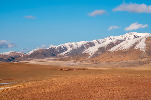 Foto paisaje de un amplio valle de pradera con una cordillera cubierta de nieve