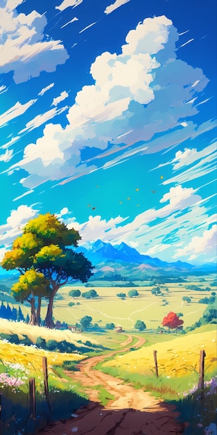 Paisaje de anime con un árbol y montañas al fondo.