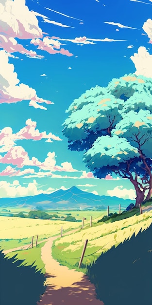 Paisaje de anime con un árbol y montañas al fondo.