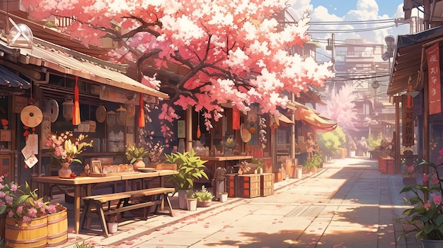 paisaje de anime de una calle con un árbol y un banco generativo ai