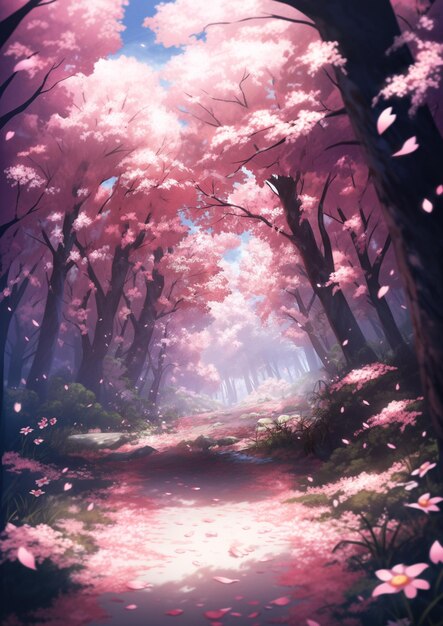 paisaje anime de un camino en un bosque con flores rosadas ai generativo